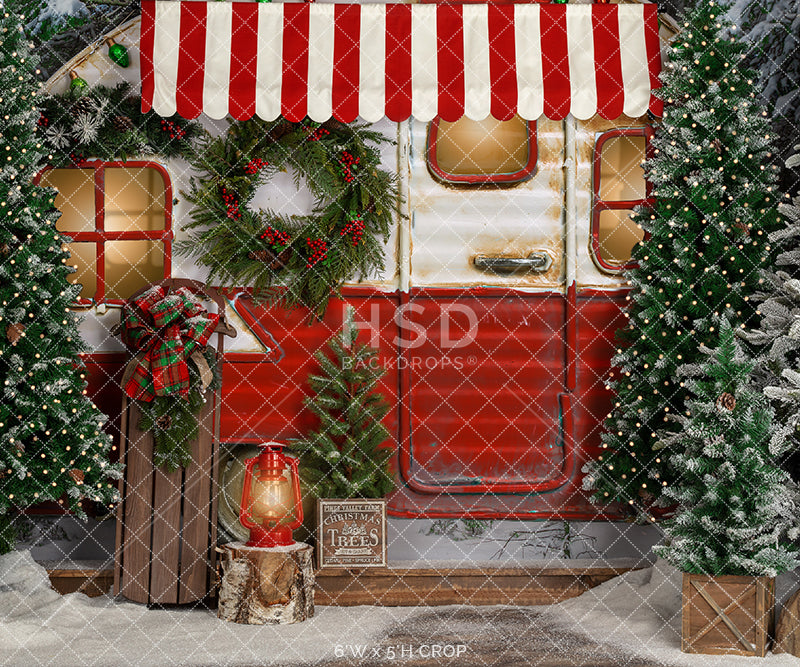 Vintage Christmas Camper Backdrop for Photography with winter forest