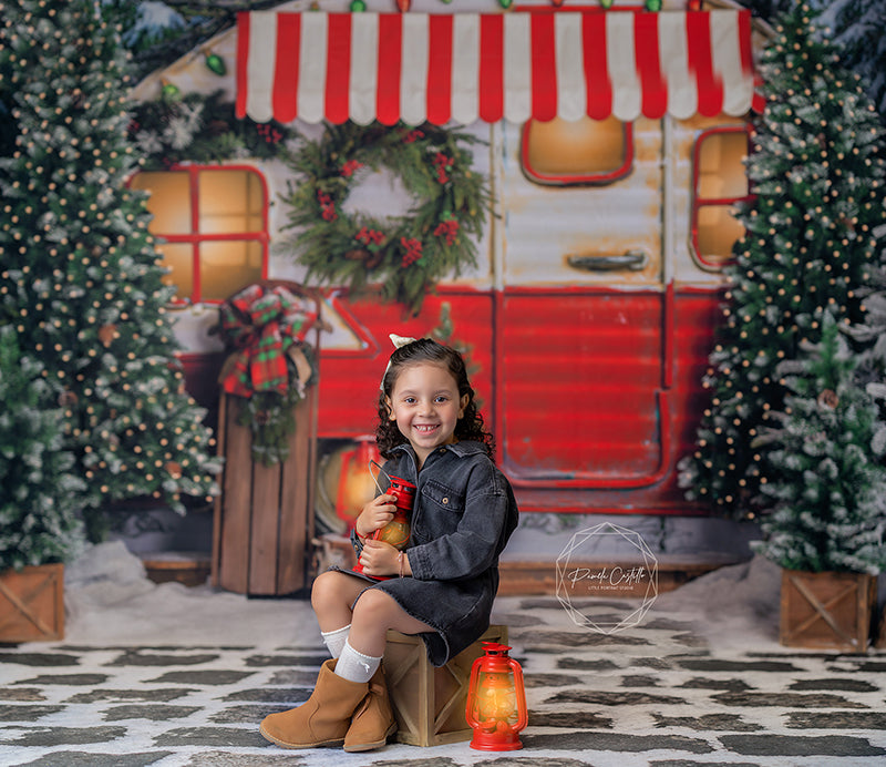 Vintage Christmas Camper Backdrop for Photography with winter forest