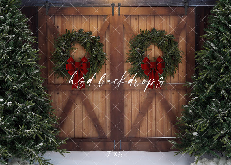 Rustic Christmas Barn Doors Photo Backdrop for Tree Farm Portraits