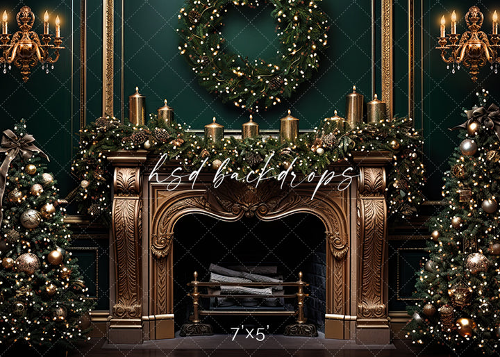 Elegant Emerald Christmas Fireplace - HSD Photography Backdrops 