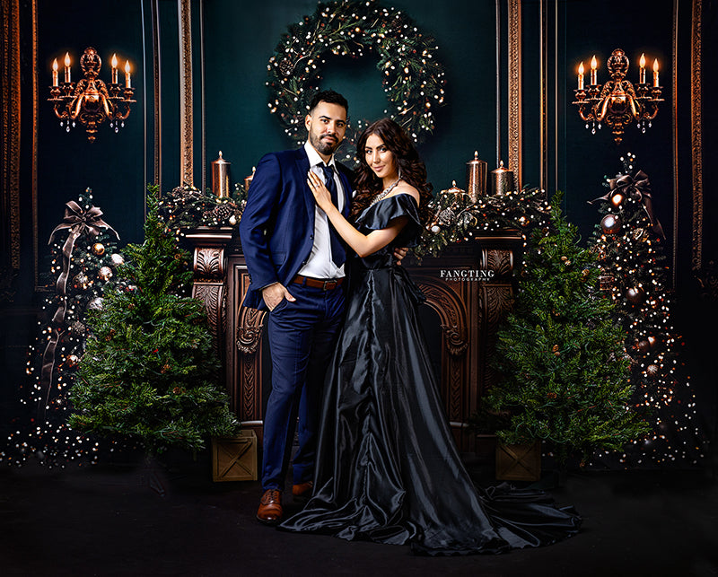 Elegant Emerald Christmas Fireplace - HSD Photography Backdrops 