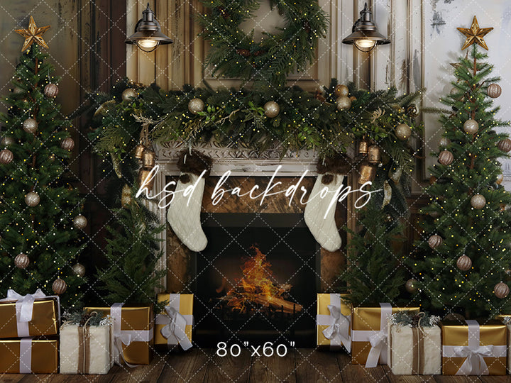 Shabby Chic Christmas Fireplace Picture Backdrop for Photography