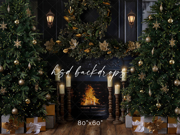 Antique Black Christmas Fireplace Photo Backdrop 