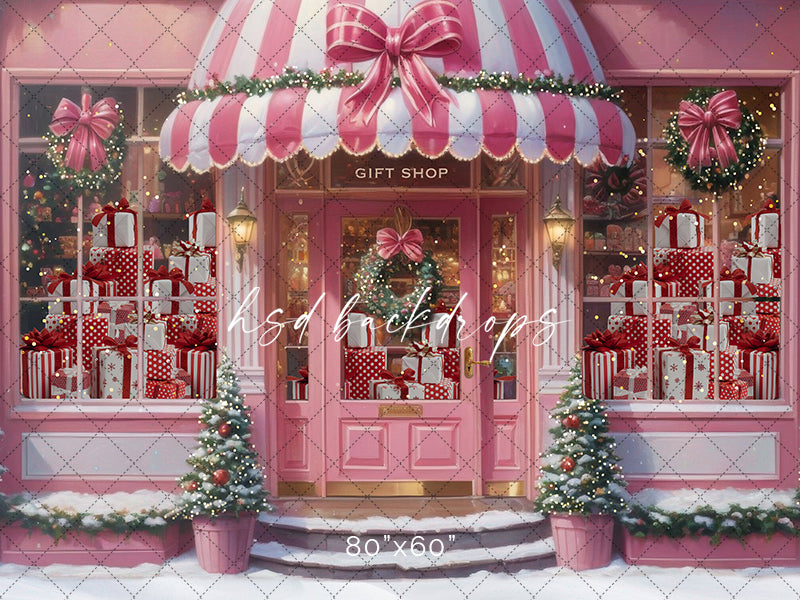 Pink Christmas Boutique Store Front Photo Backdrop 