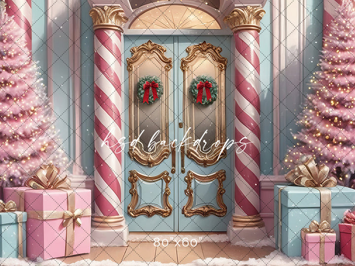 Pretty Posh Pink and Blue Christmas Door Photography Backdrop 