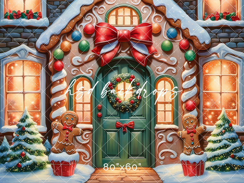 Frosted Gingerbread House Christmas Portrait Backdrop