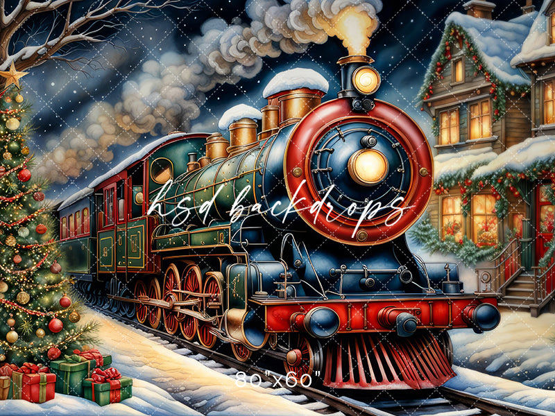 North Pole Express Train Christmas Backdrop for Pictures