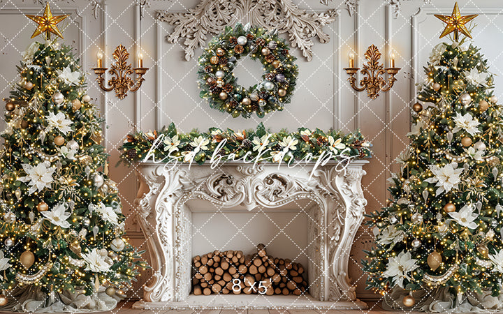 Elegant White Christmas Fireplace Photography Backdrop