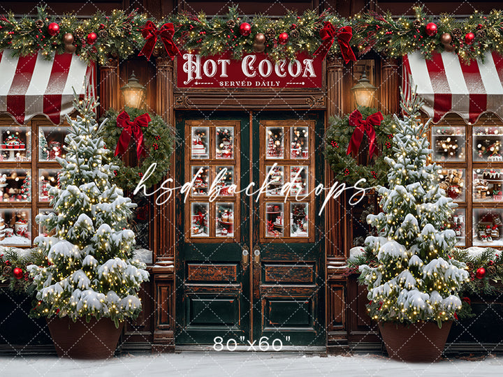 Hot Cocoa Store Front Christmas Backdrop for Holiday Studio Photoshoot