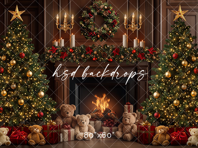 Teddy Bear Christmas Fireplace Backdrop for Holiday Pictures 