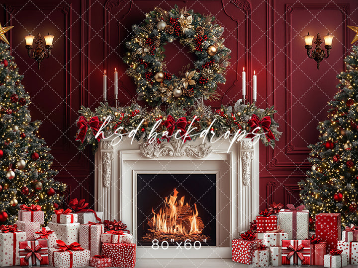 Red & White Christmas Fireplace Photo Backdrop for Photography 