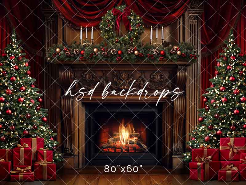 Grand Christmas Fireplace Photo Backdrop | Poly paper, fabric, fleece