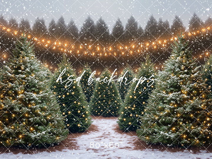 Snowy Winter Christmas Tree Farm Photo Backdrop & Scene Setter