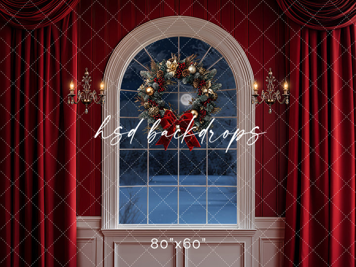 Red & White Christmas Window Photo Backdrop & Scene Setter