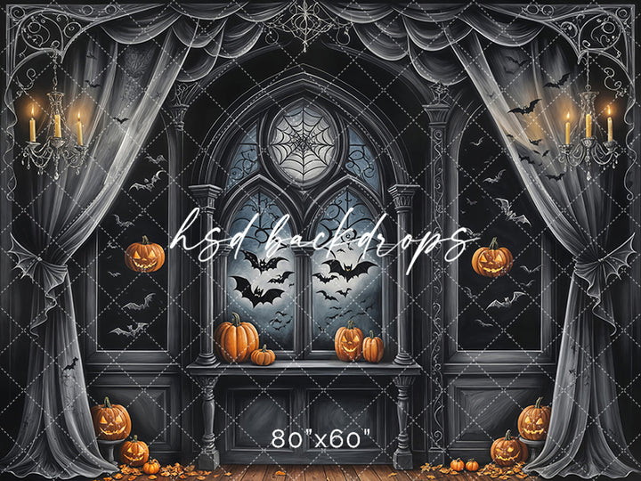 Gothic Window with Curtains Halloween Backdrop for Photography 