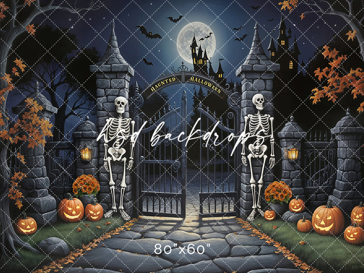 The Gate Keepers Skeleton haunted Halloween backdrop 