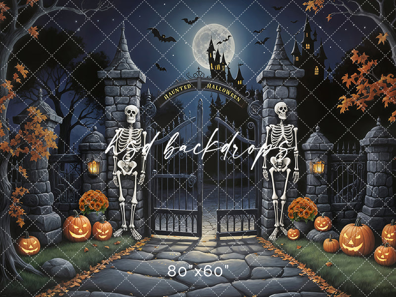 The Gate Keepers Skeleton haunted Halloween backdrop 