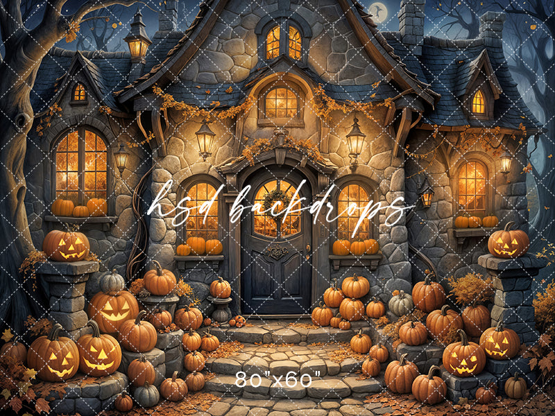 Wicked Witch Cottage haunted Halloween backdrop for pictures