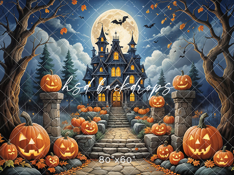 Full Moon Halloween Haunted House backdrop 