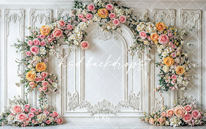 Elegant Pink & Yellow Floral Arch Wall