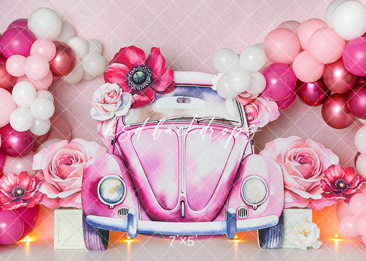 Chic Pink Car Cake Smash Birthday Photo Backdrop for Girls 