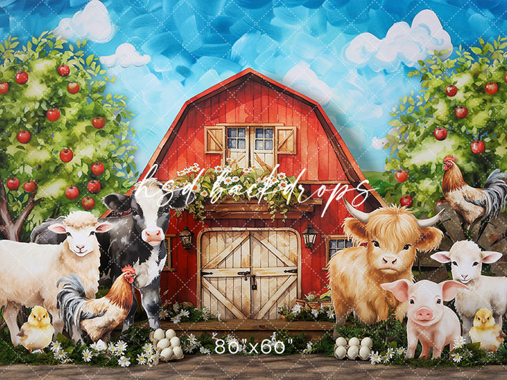 Red Barn Farm Animal Photo Backdrop for Birthday Photos | Barnyard