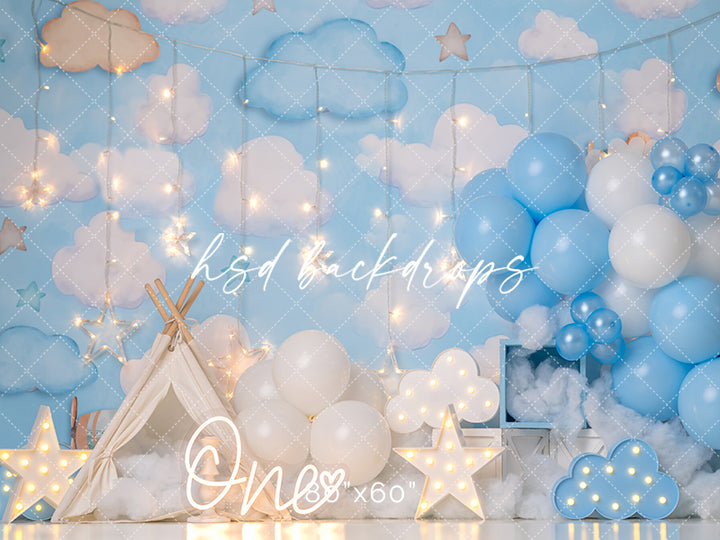 Stars and Clouds Boys Cake Smash Birthday Photography Backdrop 