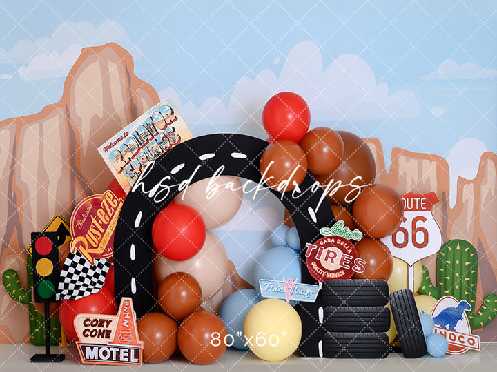 Route 66 Racing Birthday Cake Smash Photography Backdrop 