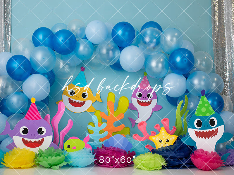 Little Party Sharks Cake Smash Birthday Photoshoot Backdrop 