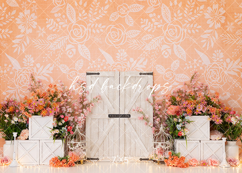 Peach Floral Birthday Cake Smash Photo Backdrop for Girls