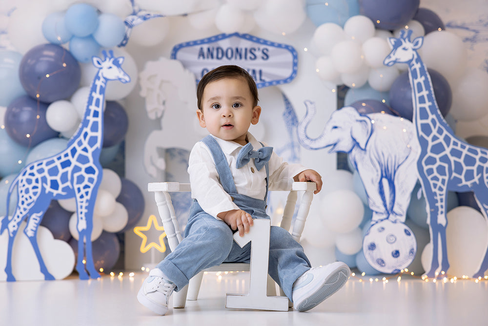 Blue Safari 1st Birthday Cake Smash Boy Photo Backdrop