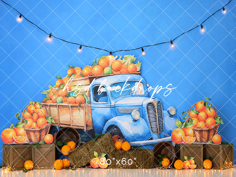 Orange Fruit Vintage Truck Cake Smash Birthday Backdrop for Photos