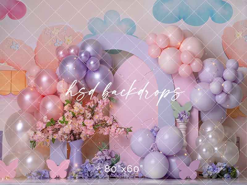 Pink & Purple Butterfly Cake Smash Birthday Photography Backdrop 