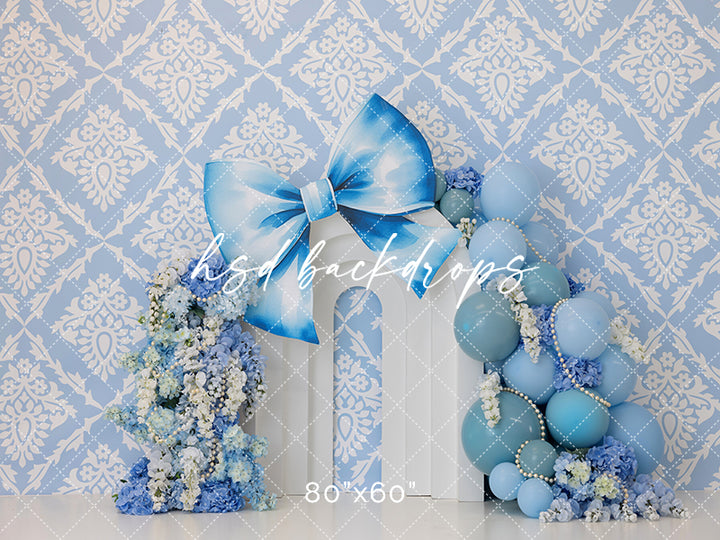 Blue Coquette Toile Birthday Cake Smash Photography Backdrop 