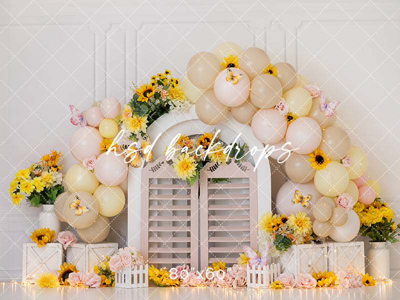 Yellow Floral Birthday Cake Smash Photography Backdrop for Girls