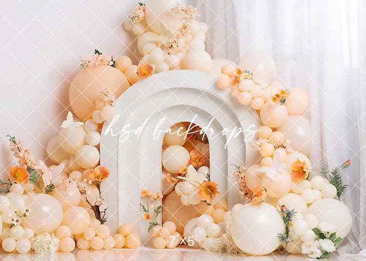 Perfectly Peach Floral Arch with Butterflies Cake Smash Photo Backdrop