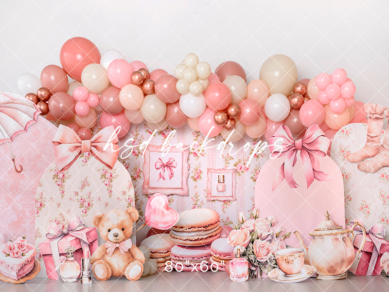 Cute Pink Tea Party Coquette Cake Smash Backdrop for Pictures 