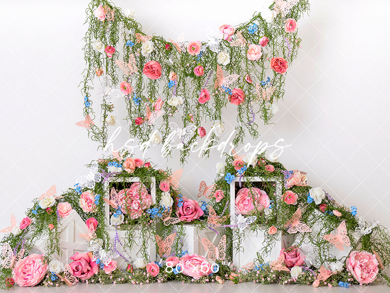 Beautiful Butterflies & Roses 1st Birthday Cake Smash Backdrop Girl