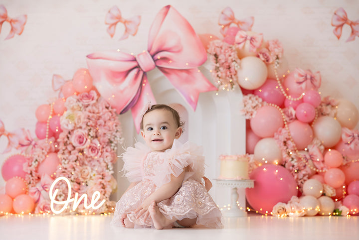 Pink Bow Cake Smash 1st Birthday Backdrop for Photography