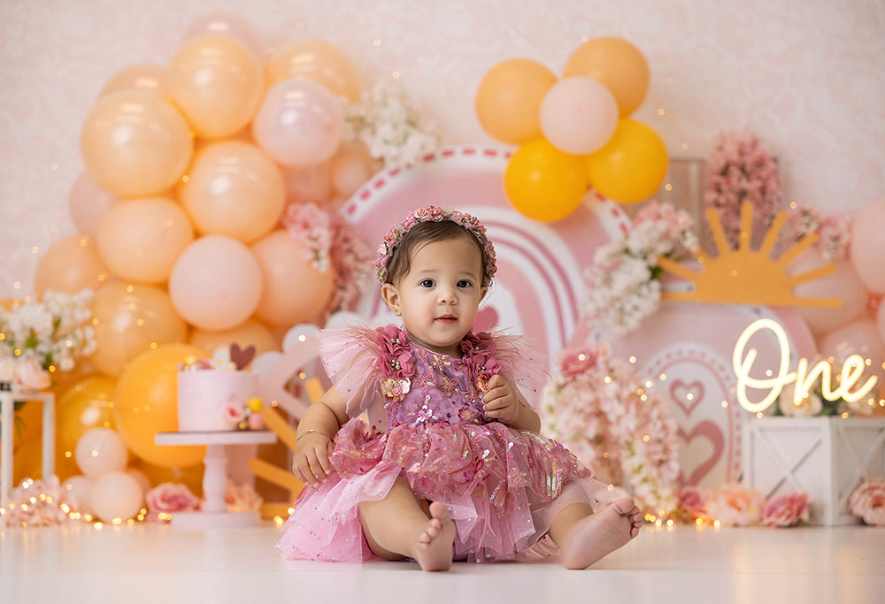 Boho Sunshine Rainbow Cake Smash Girl Birthday Photo Backdrop 