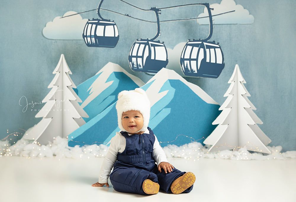 Winter Skiing Birthday Cake Smash Photo Backdrop for Boys