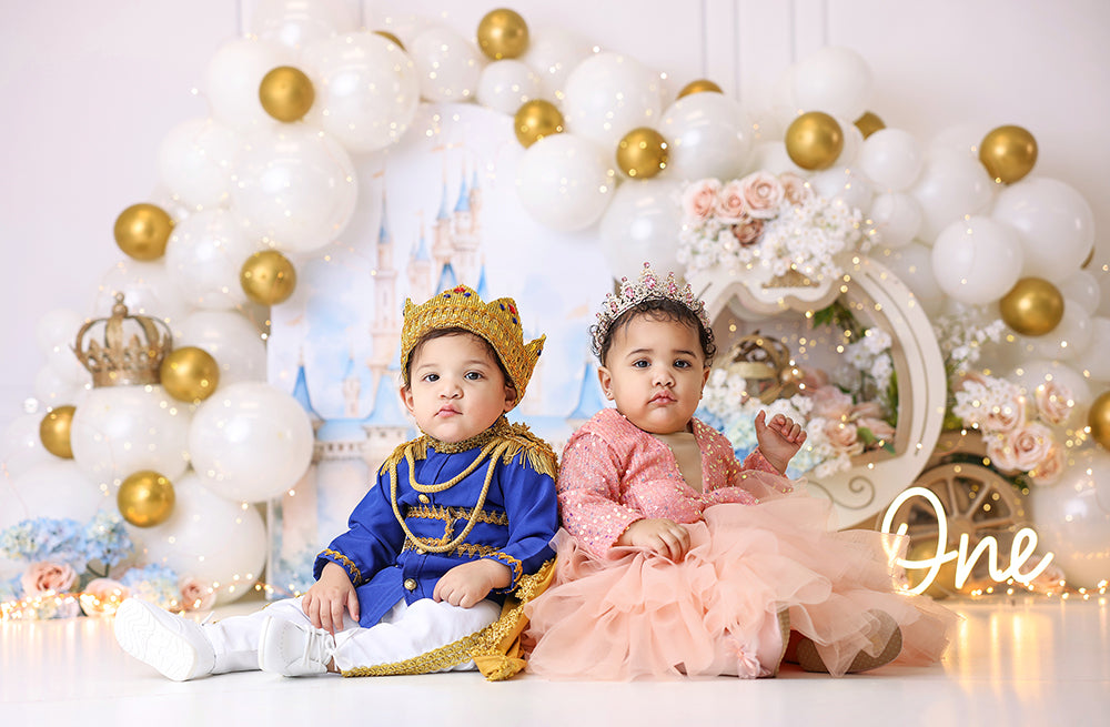 Prince and Princess Twins Cake Smash Birthday Photo Backdrop 