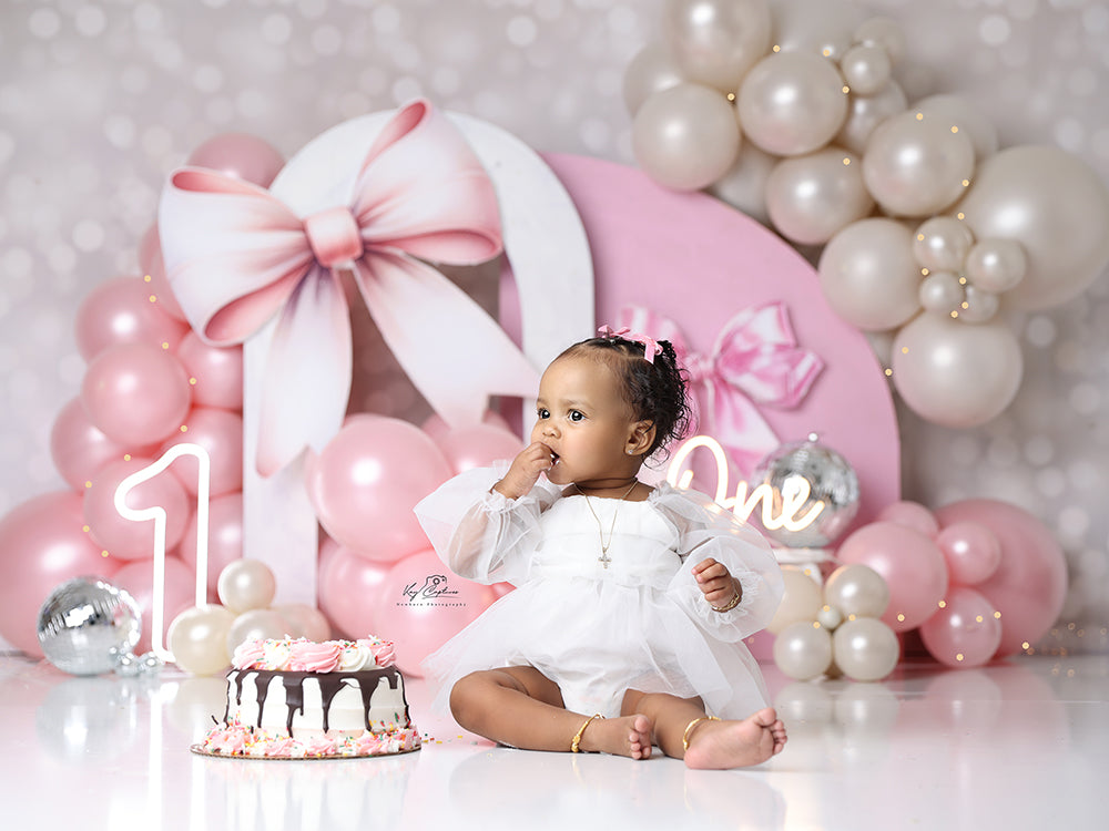 Pink Bow Birthday Cake Smash Backdrop for Photos