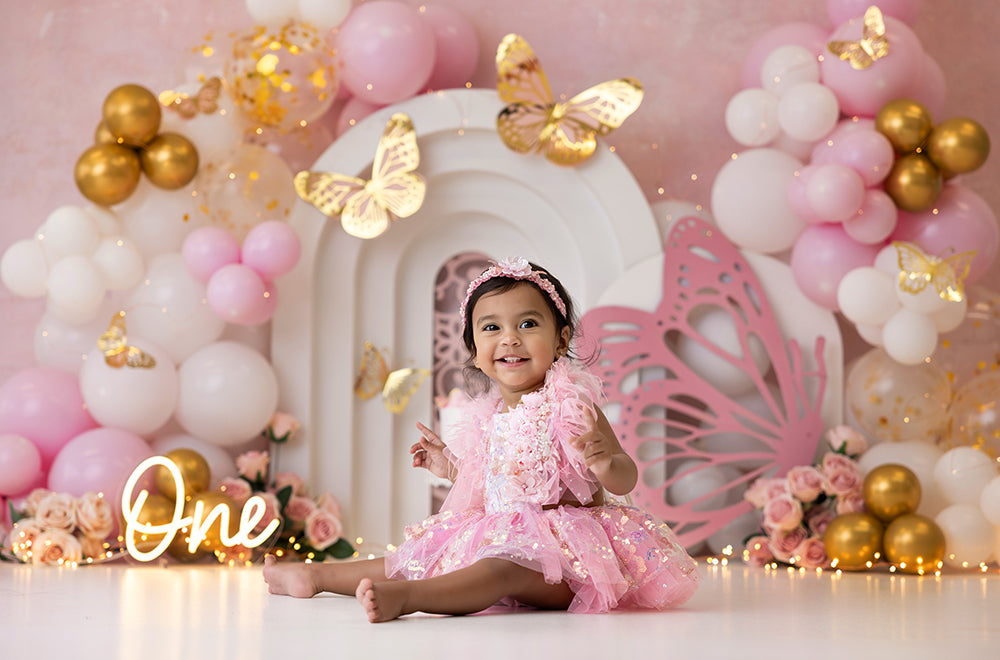 Pink and Gold Butterfly Birthday Cake Smash Photo Backdrop