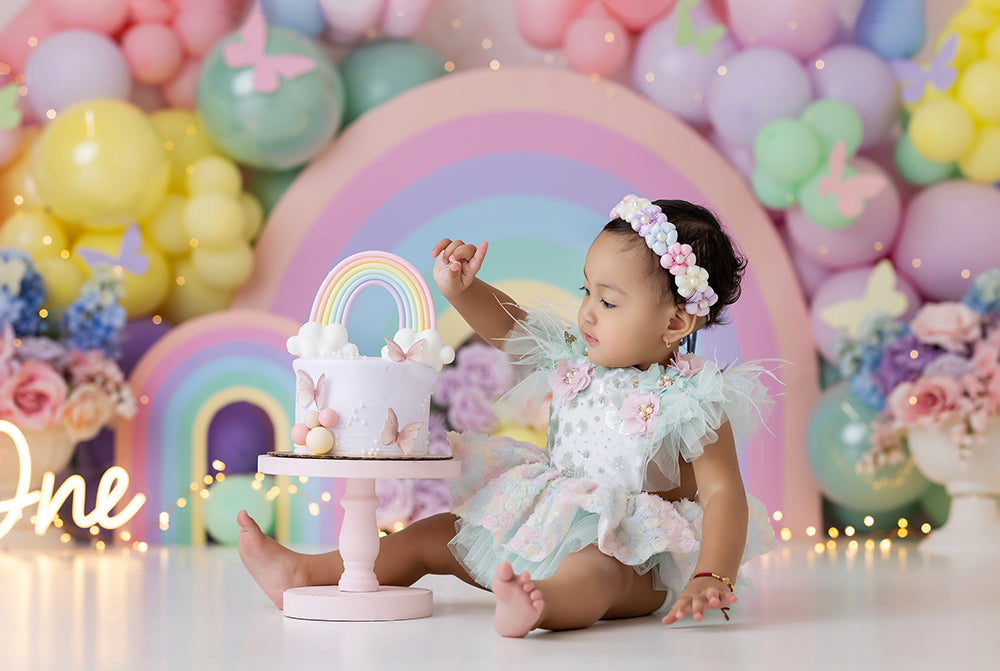 Pastel Rainbow 1st Birthday Cake Smash Photo Backdrop