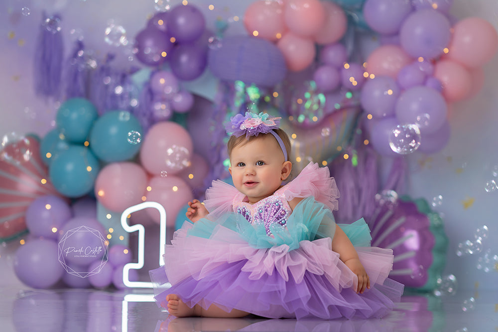 Mermaid Theme Cake Smash 1st Birthday Photo Backdrop for Girls