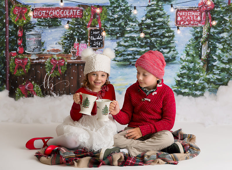 Hot Cocoa Stand Christmas Tree Farm Photography Backdrop, Rustic, Cabin,  Coffee, Chocolate, Mug, Marshmallow, Santa, Winter, Holiday, Sale