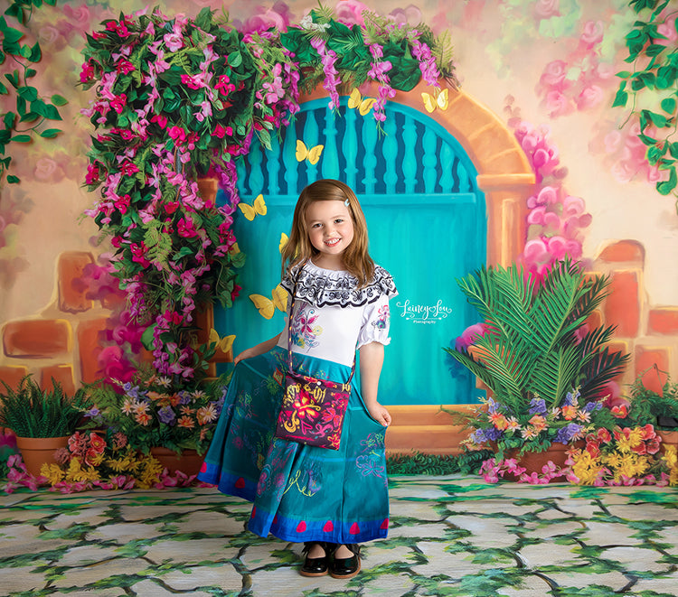 Magical casita door backdrop, vibrant and encanto